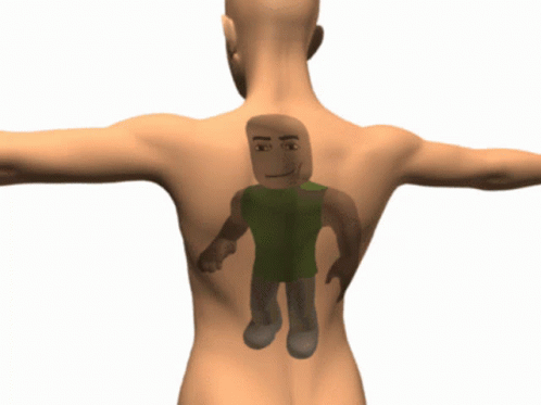 the back end of a man holding his hands out