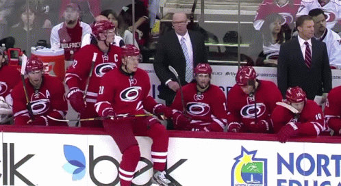 a hockey team posing on the bench for a po