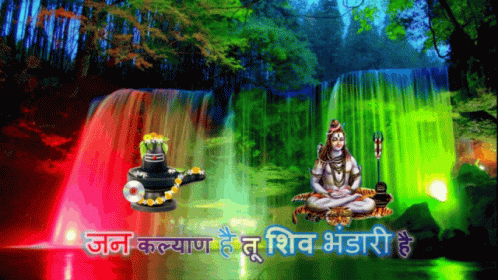 hindu images displayed in front of a waterfall