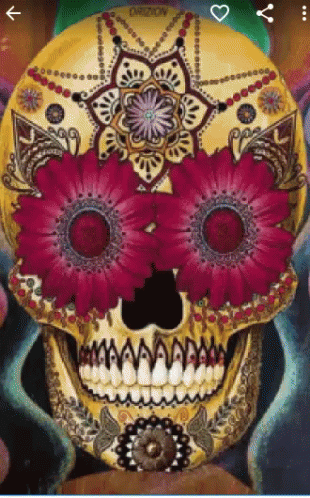 an artistic painting of a skull with flower in her eye