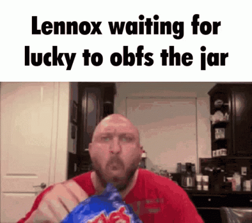 the man has a bag of lemonex waiting for lucky to obbs the jar