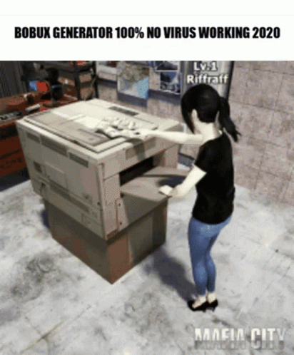 a computer game shows an animated woman in front of a printer