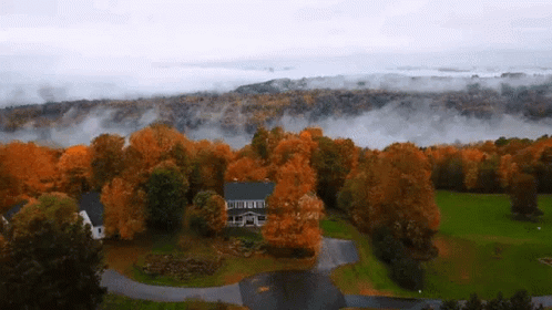 an aerial po shows fog rolling in from the surrounding houses and trees