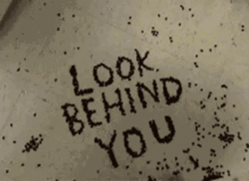 a painted image of the words,'look behind you '