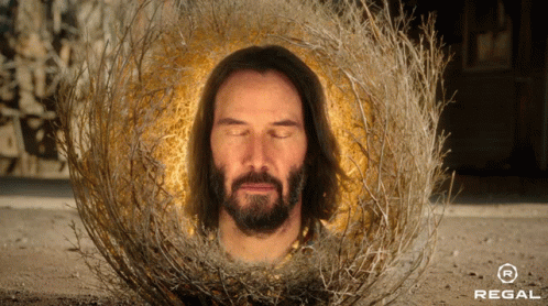 the head of jesus is in a ball made up of blue and silver tinsel