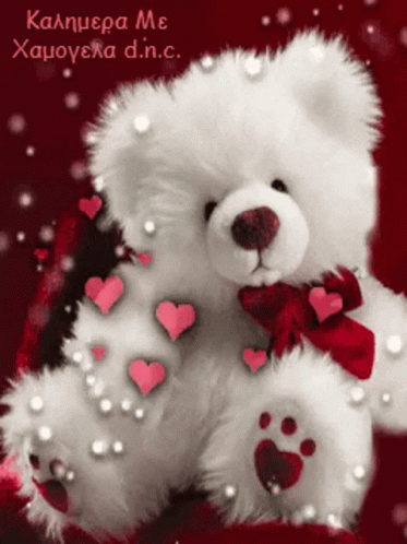 a white teddy bear with heart decorations around its neck