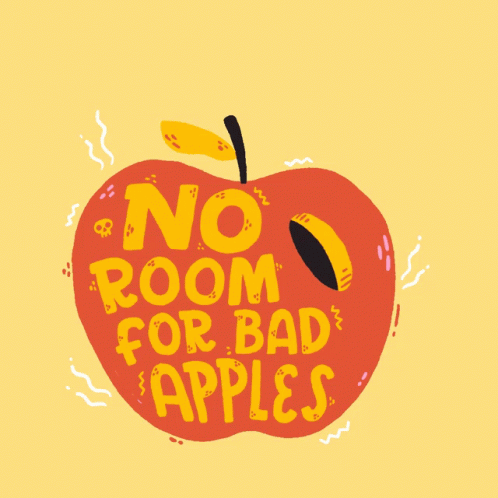 a cartoonish graphic of a blue apple with text no room for bad apples