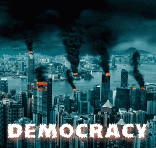 a po with the word democracy in blue and an image of smoke stacks on top
