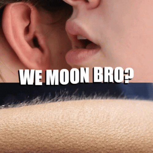 a close - up of a person with their face behind a large object that reads, we moon bro?