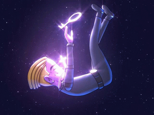the person in space holding a sparkler is suspended above his head