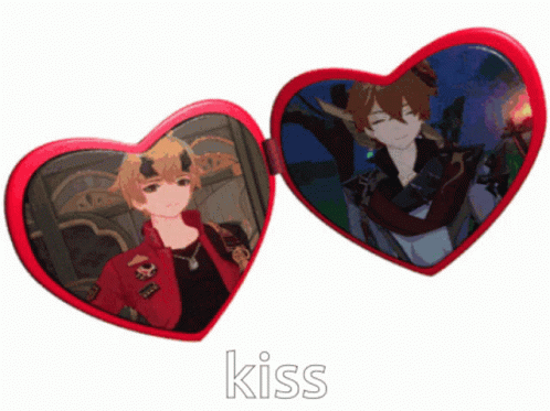 two heart shaped pos with anime images of a man and a woman