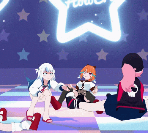 three anime characters posing for the camera with a star sign behind them