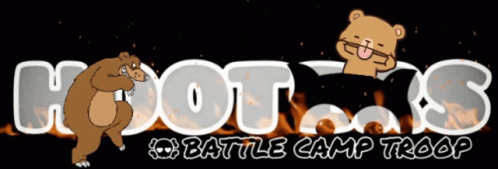 cartoon logo featuring a blue bear and the words moot's battle camp trap