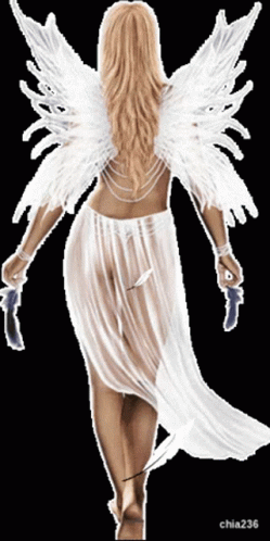 the image shows a woman in white with angel wings