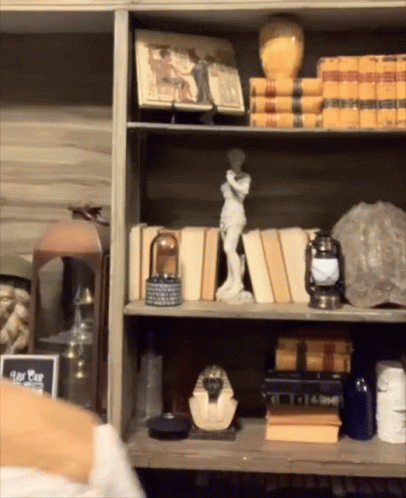 shelves with figurines and items sitting on top of them