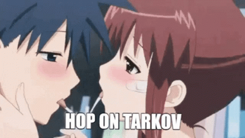 a couple of anime boys face each other with caption saying hip on tarkov
