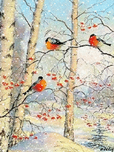a painting of birds sitting on a tree nch