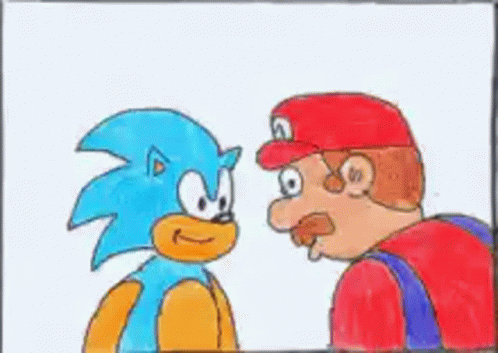 drawing of blue man and sonic the hedgehog talking