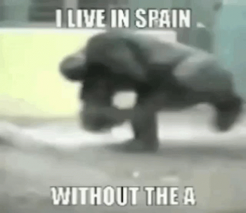 a black and white image with the caption i live in spain without the a