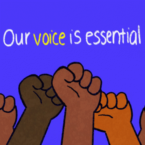 several people hands are raising their arms with the words ourvoice is essential
