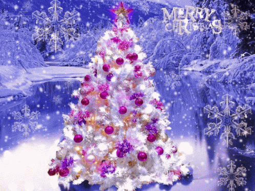 a colorful, brightly lit christmas tree against a snow covered background