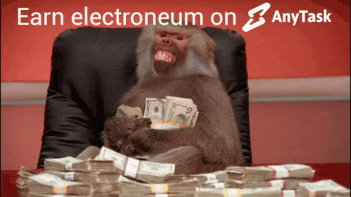 a monkey sitting in a chair with money and another gorilla with fake face on his face