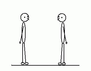 two men stand side by side facing each other