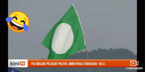 a green and white flag with a blue balloon above it