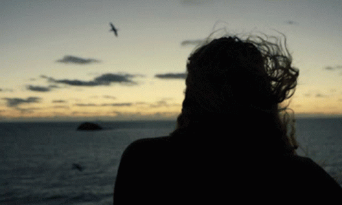the back of a woman's head in front of an ocean