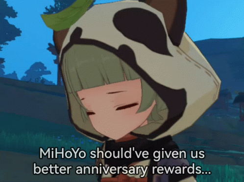 an anime character in costume saying, mihoo should't give us better anniversary reward