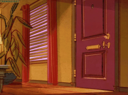a purple door sits next to a window on a blue wall