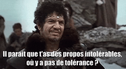 this picture shows a close - up of a man with black hair wearing a crown, and his caption reads'iparait, p pas des des tras propes propos intolerables interplables imppliels interrelables