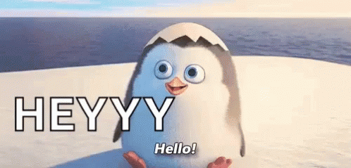 an animated penguin on top of a penguin - shaped object in the snow with an open beak saying hey hello