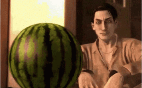 there is a person sitting next to a big watermelon