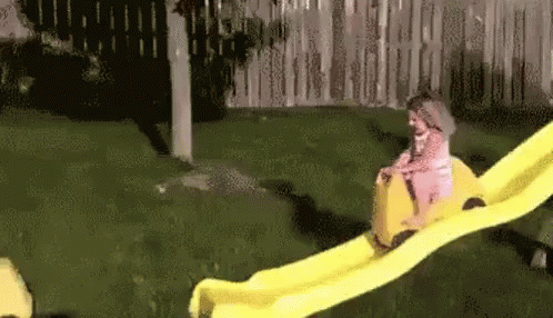 a person standing near a slide and a backyard