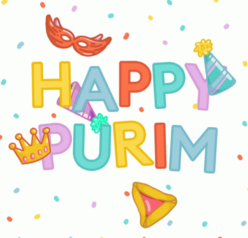 the words happy purim with party hats and masks