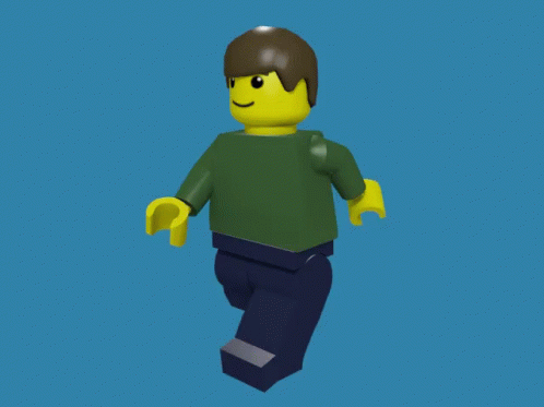 a lego man is running with one foot up