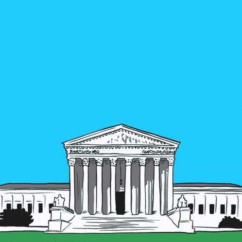 a drawing of a court house with columns and a golden background