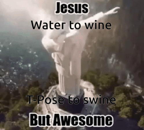 a white statue in a lush forest with the words jesus water to wine