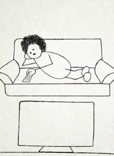 drawing of boy with baseball glove sitting on couch watching television
