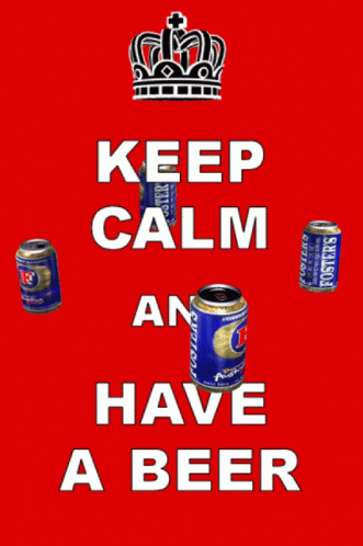 a blue poster with various cans of beer and a crown