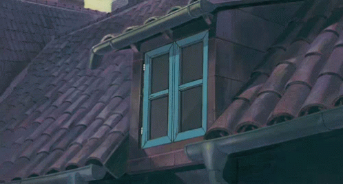 an animated picture of a window, rooftops, and clock
