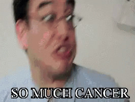 a man in a tan jacket looks at the camera with the words so much cancer above him