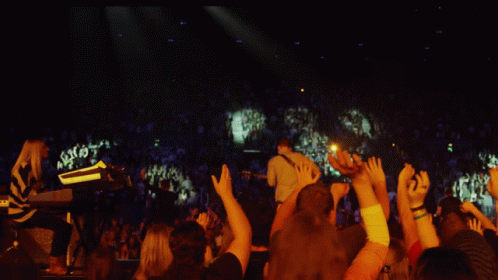 people in the crowd waving and holding their hands up