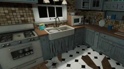 a very large kitchen with an odd look