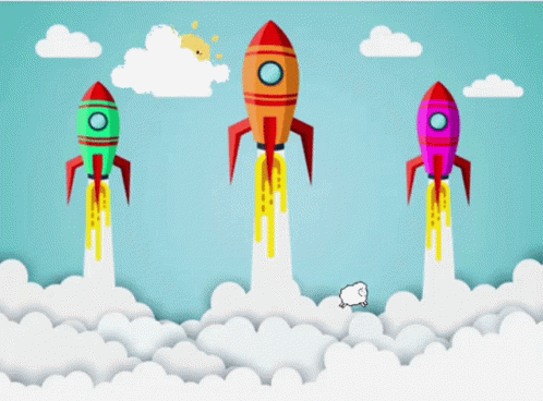three colorful, retro rockets flying in the air above clouds
