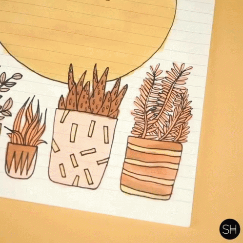 a drawing of plant pots on lined paper
