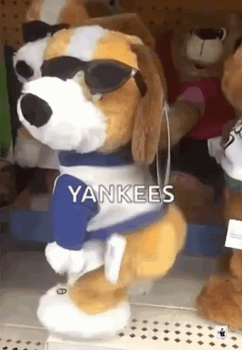 a stuffed dog in sunglasses with other stuffed animals