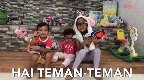 three children sitting next to each other with text that reads hai teman - teman