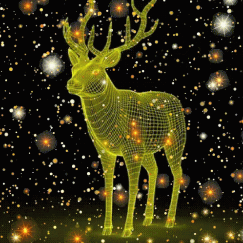a large glowing reindeer standing on a snowy ground